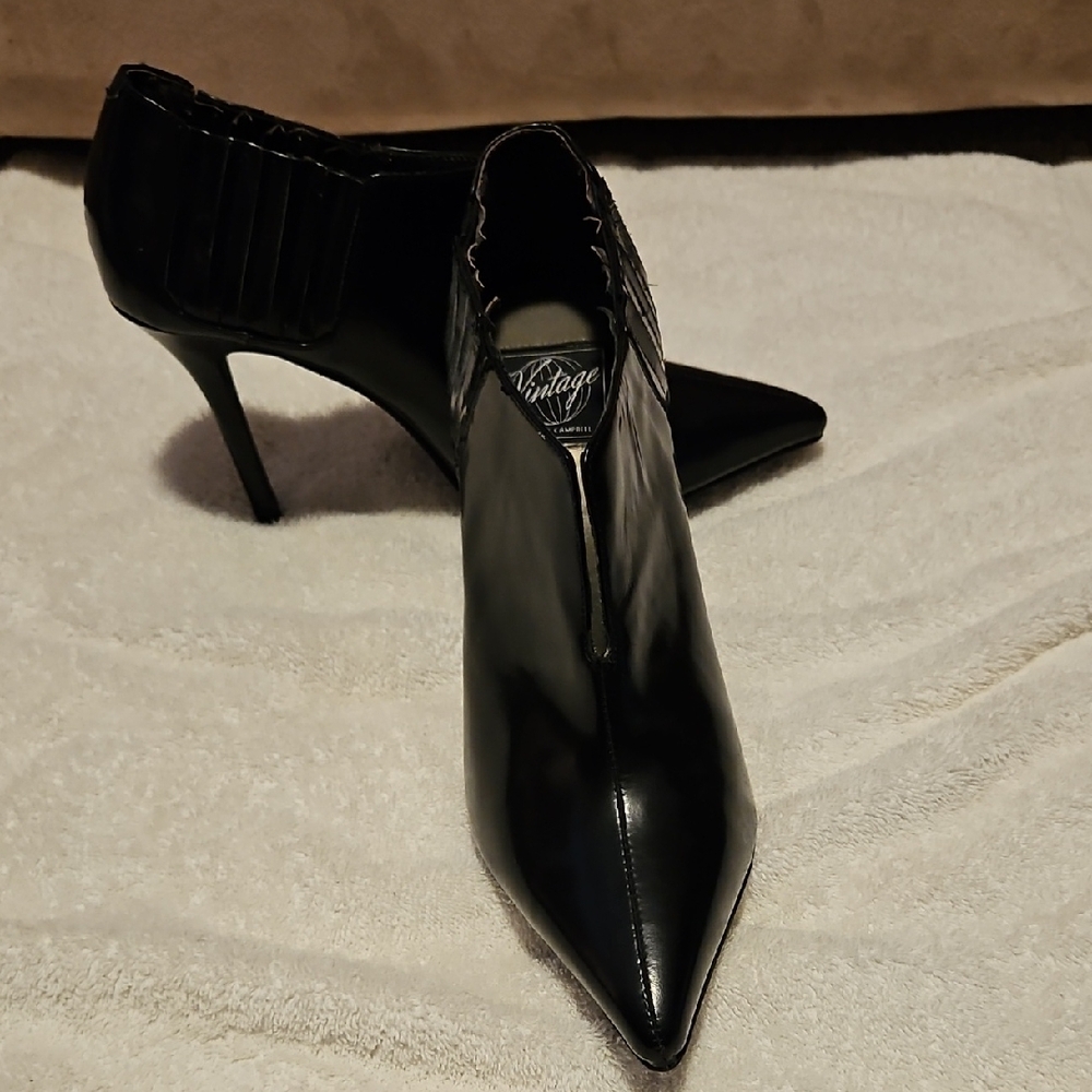 Vintage Jeffrey Campbell Patent Black Pointed Toe Stiletto Booties